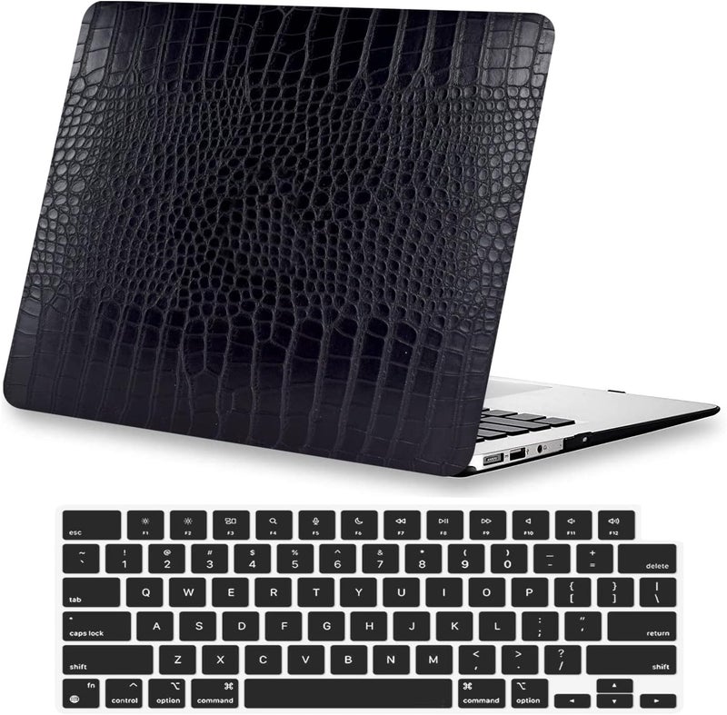 KEROM Compatible with MacBook Air 13 inch Case 2025-2022 M4 M3 M2 A3240 A3113 A2681, Textured Elegant Luxury Crocodile Skin Aligator Skin Snakeskin PU Leather Hard Shell Case & Keyboard Cover, Black - Image 1